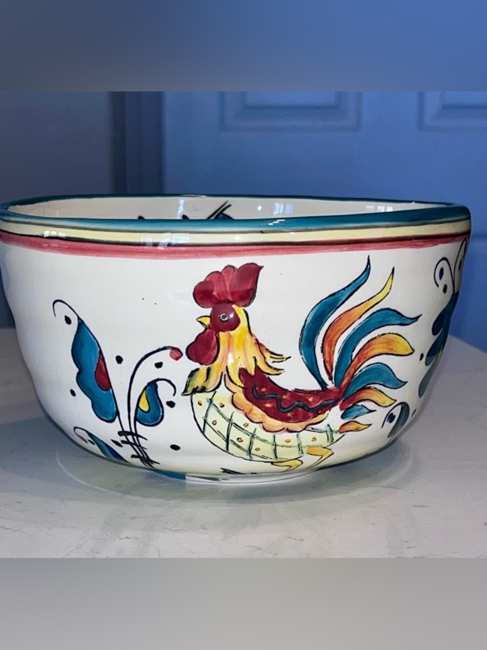 Talavera Rooster ceramic serving bowl Farmhouse Tuscan Blue, Red, & Yellow